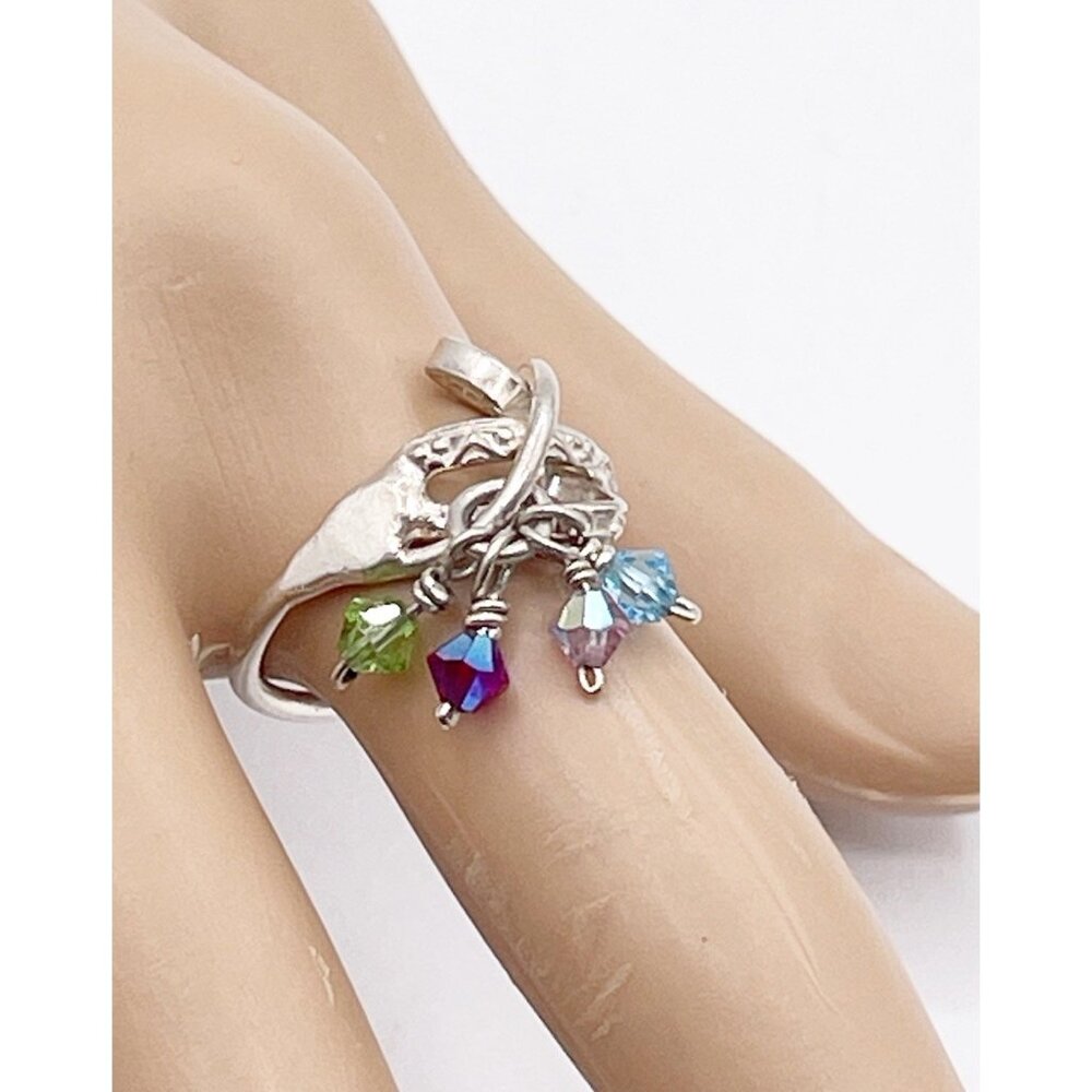 Vintage Sterling Silver Boho Charm Ring w/ Crystal Dangles Artisan Unmarked SZ 7